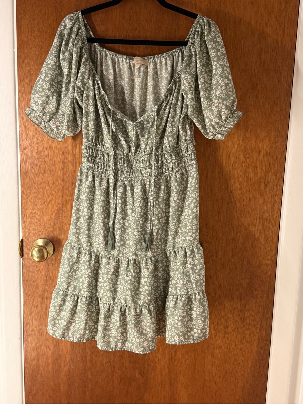 Sage Floral Puff-Sleeve Tiered Midi Dress